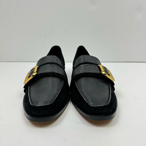NEW Vince Camuto Cenkanda Black Leather & Suede Gold Buckle Slip On Loafer Flat - Picture 4 of 12